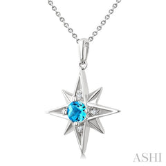 5 MM Round Cut Blue Topaz and 1/20 Ctw Round Cut Diamond Semi-Precious Fashion Pendant With Chain in Sterling Silver