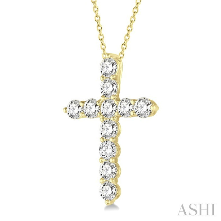 1 1/2 Ctw Round Cut Diamond Cross Pendant in 14K Yellow Gold with Chain