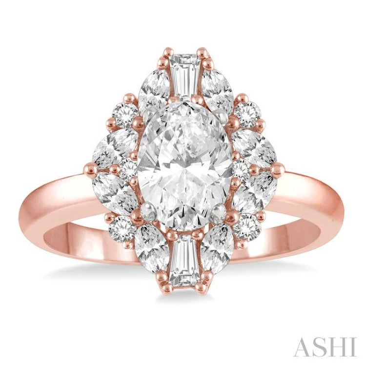 5/8 ctw Marquise Shape Oval, Baguette and Round Cut Diamond Semi-Mount Engagement Ring in 14K Rose and White Gold