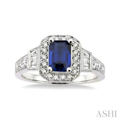 6x4 MM Emerald Shape Sapphire and 1/4 Ctw Round and Baguette Cut Diamond Ring in 14K White Gold