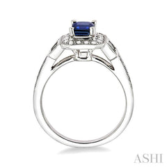 6x4 MM Emerald Shape Sapphire and 1/4 Ctw Round and Baguette Cut Diamond Ring in 14K White Gold