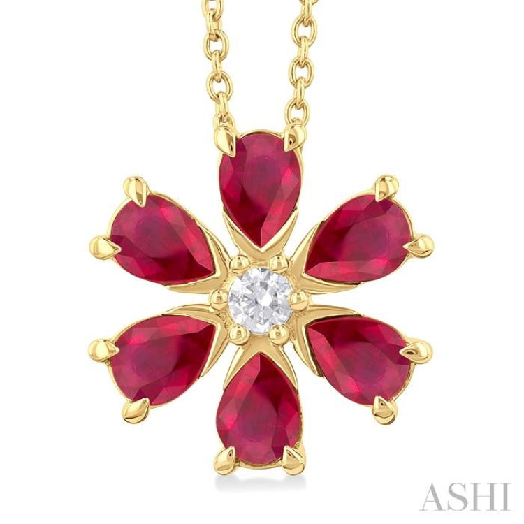 4X3 MM Floral Blossom Pear Cut Ruby and 1/20 ctw Round Cut Diamond Precious Pendant With Chain in 14K Yellow Gold