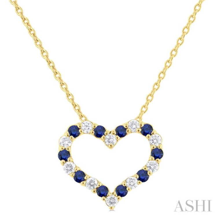 1.4 MM Round Cut Sapphire and 1/8 ctw Open Heart Round Cut Diamond Precious Fashion Pendant With Chain in 14K Yellow Gold