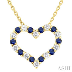 1.4 MM Round Cut Sapphire and 1/8 ctw Open Heart Round Cut Diamond Precious Fashion Pendant With Chain in 14K Yellow Gold