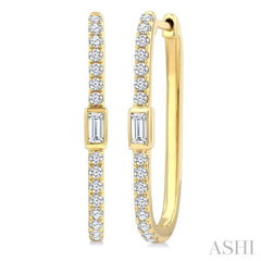 3/8 Ctw Rectangular Shape Baguette and Round Cut Diamond Fashion Hoop Earrings in 14K Yellow Gold