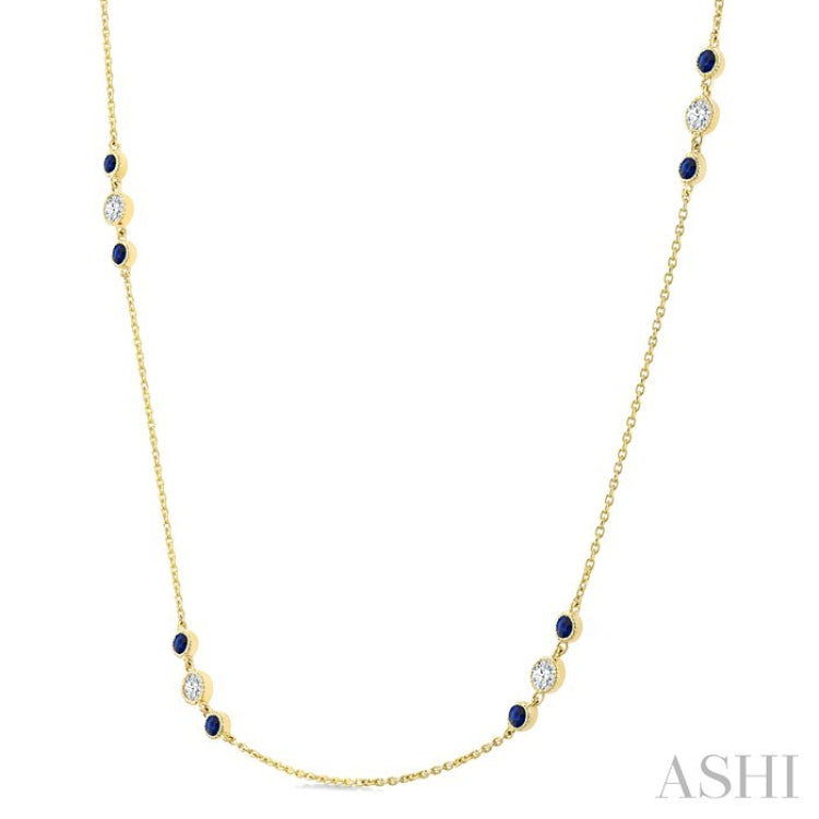 2.25 MM Sapphire and 1/2 Ctw Round Cut Diamond Precious Station Necklace in 14K Yellow Gold
