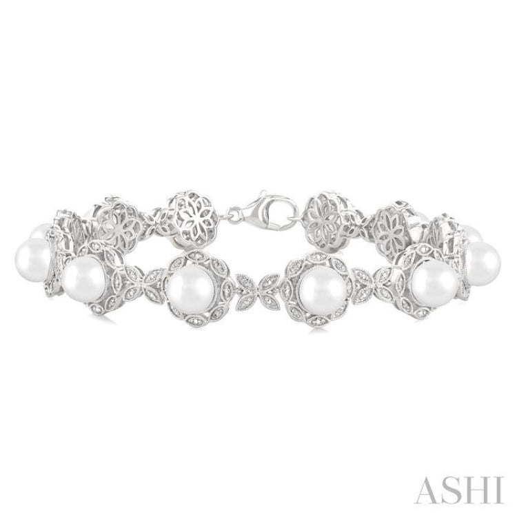 6 MM Cultured Pearl and 1/6 Ctw Single Cut Diamond Bracelet in Sterling Silver