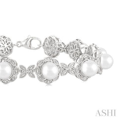 6 MM Cultured Pearl and 1/6 Ctw Single Cut Diamond Bracelet in Sterling Silver