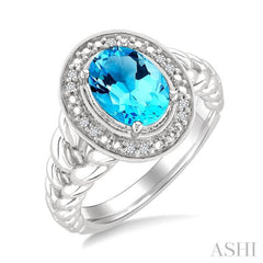 9x7 MM Oval Shape Blue Topaz and 1/20 Ctw Round Cut Diamond Semi-precious Ring in Sterling Silver