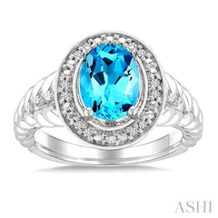 9x7 MM Oval Shape Blue Topaz and 1/20 Ctw Round Cut Diamond Semi-precious Ring in Sterling Silver