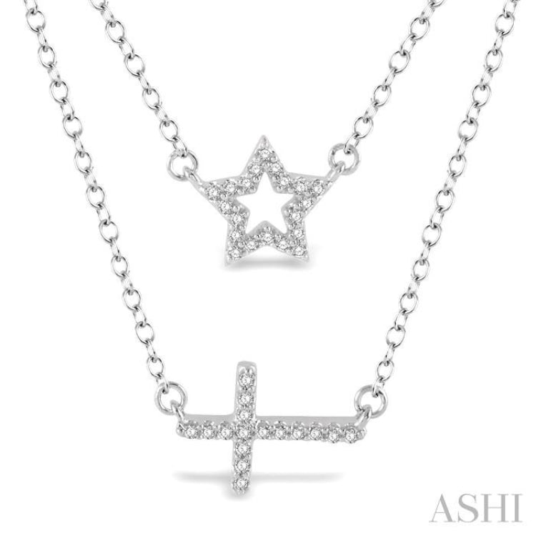 1/6 Ctw Star & Cross Charm Round Cut Diamond Layered Necklace With Link Chain in 10K White Gold
