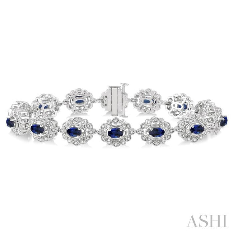5x3 MM Oval Cut Sapphire and 1 Ctw Round Cut Diamond Precious Bracelet in 14K White Gold