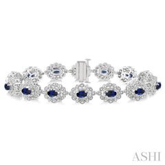5x3 MM Oval Cut Sapphire and 1 Ctw Round Cut Diamond Precious Bracelet in 14K White Gold