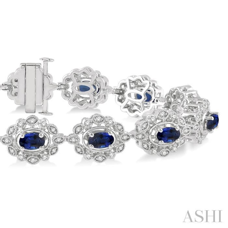 5x3 MM Oval Cut Sapphire and 1 Ctw Round Cut Diamond Precious Bracelet in 14K White Gold