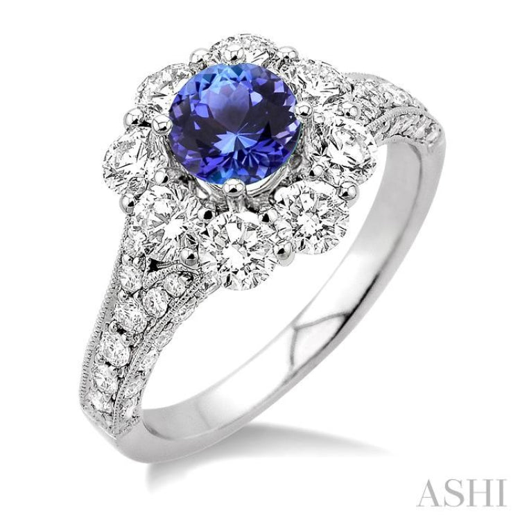 6 MM Round Cut Tanzanite and 1 1/2 Ctw Round Cut Diamond Precious Ring in 14K White Gold