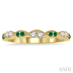 1.35 MM Round Cut Emerald and 1/5 Ctw Round Cut Diamond Precious Half Eternity Wedding Band in 14K Yellow Gold
