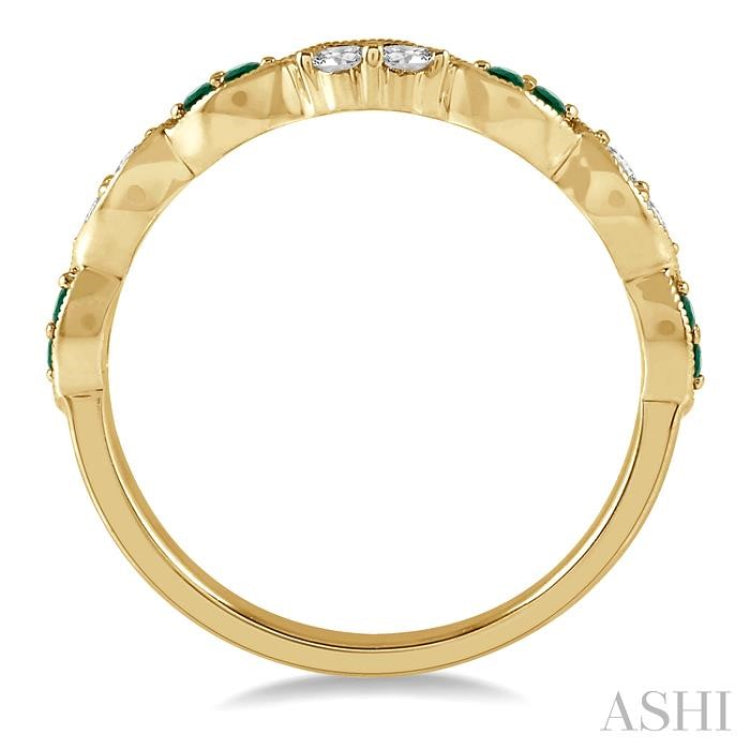 1.35 MM Round Cut Emerald and 1/5 Ctw Round Cut Diamond Precious Half Eternity Wedding Band in 14K Yellow Gold