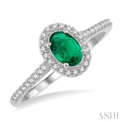 6x4 MM Oval Shape Emerald and 1/5 Ctw Round Cut Diamond Precious Ring in 10K White Gold
