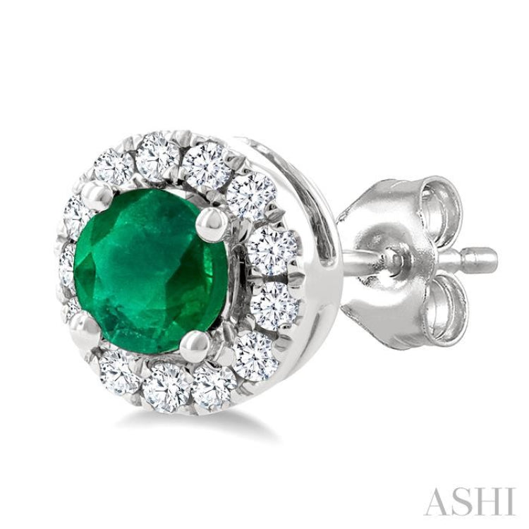 3.25 MM Round Emerald and 1/10 Ctw Round Cut Diamond Halo Precious Stud Earrings in 14K White Gold
