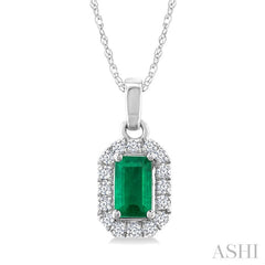 5x3 MM Octagonal Shape Emerald and 1/20 Ctw Round Cut Diamond Halo Precious Pendant with Chain in 10K White Gold