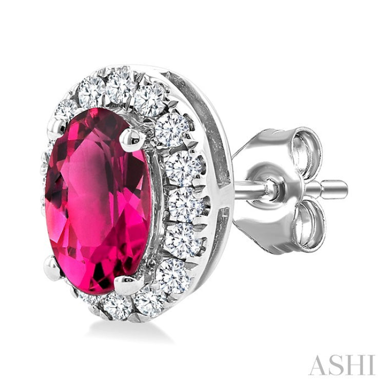 5x3 MM Oval Shape Pink Tourmaline and 1/8 Ctw Round Cut Diamond Halo Semi-Precious Stud Earrings in 10K White Gold