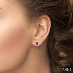 5x3 MM Oval Shape Pink Tourmaline and 1/8 Ctw Round Cut Diamond Halo Semi-Precious Stud Earrings in 10K White Gold