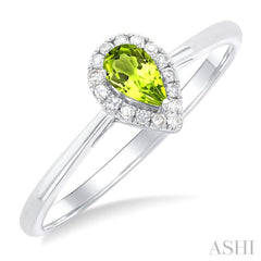 5x3 MM Pear Shape Peridot and 1/20 Ctw Round Cut Diamond Halo Semi-Precious Ring in 10K White Gold
