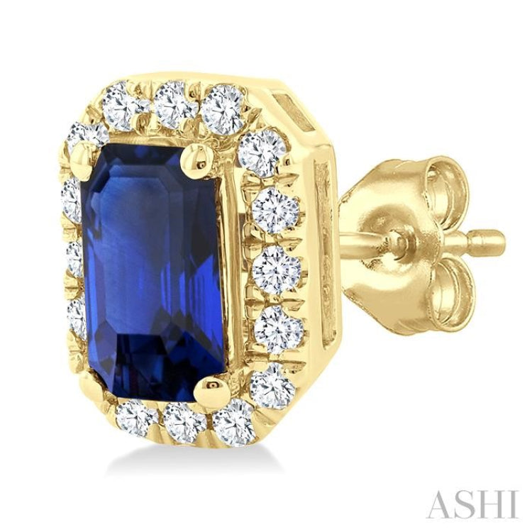 5x3 MM Octagonal Shape Sapphire and 1/8 Ctw Round Cut Diamond Halo Precious Stud Earrings in 14K Yellow Gold