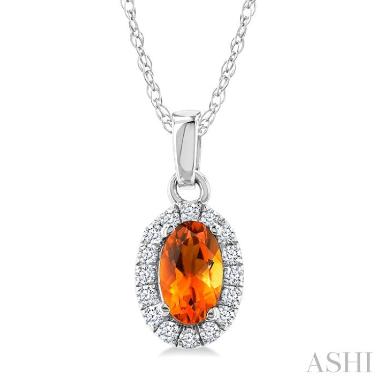 5x3 MM Oval Shape Citrine and 1/20 Ctw Round Cut Diamond Halo Semi-Precious Pendant with Chain in 10K White Gold