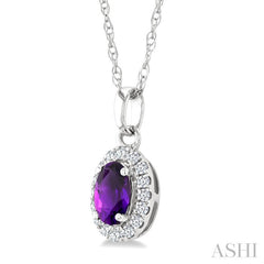 5x3 MM Oval Shape Amethyst and 1/20 Ctw Round Cut Diamond Halo Semi-Precious Pendant with Chain in 14K White Gold