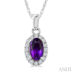 5x3 MM Oval Shape Amethyst and 1/20 Ctw Round Cut Diamond Halo Semi-Precious Pendant with Chain in 14K White Gold