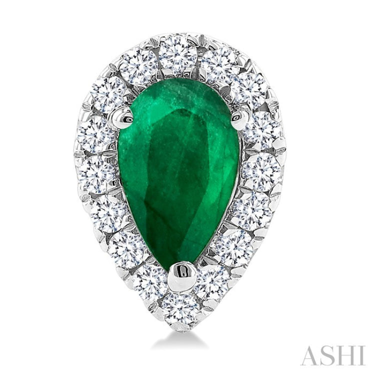 5x3 MM Pear Shape Emerald and 1/8 Ctw Round Cut Diamond Halo Precious Stud Earrings in 10K White Gold