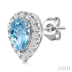 5x3 MM Pear Shape Aquamarine and 1/8 Ctw Round Cut Diamond Halo Semi-Precious Stud Earrings in 10K White Gold