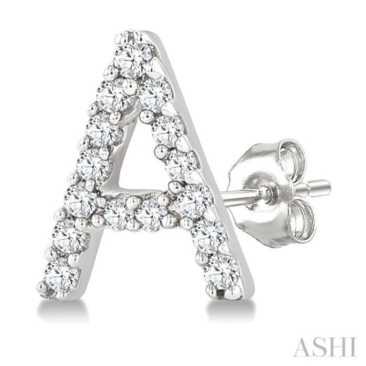 1/10 Ctw Initial 'A' Round Cut Diamond Earrings in 10K White Gold