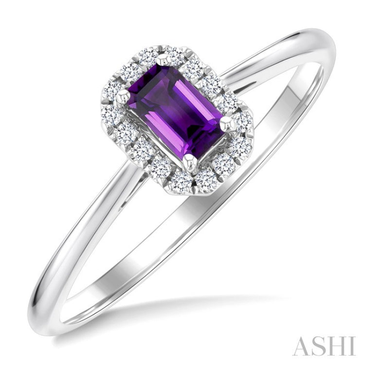 5x3 MM Octagonal Shape Amethyst and 1/20 Ctw Round Cut Diamond Halo Semi-Precious Ring in 10K White Gold