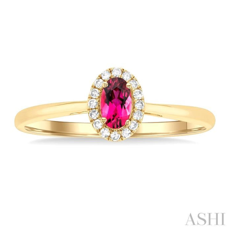5x3 MM Oval Shape Pink Tourmaline and 1/20 Ctw Round Cut Diamond Halo Semi-Precious Ring in 10K Yellow Gold