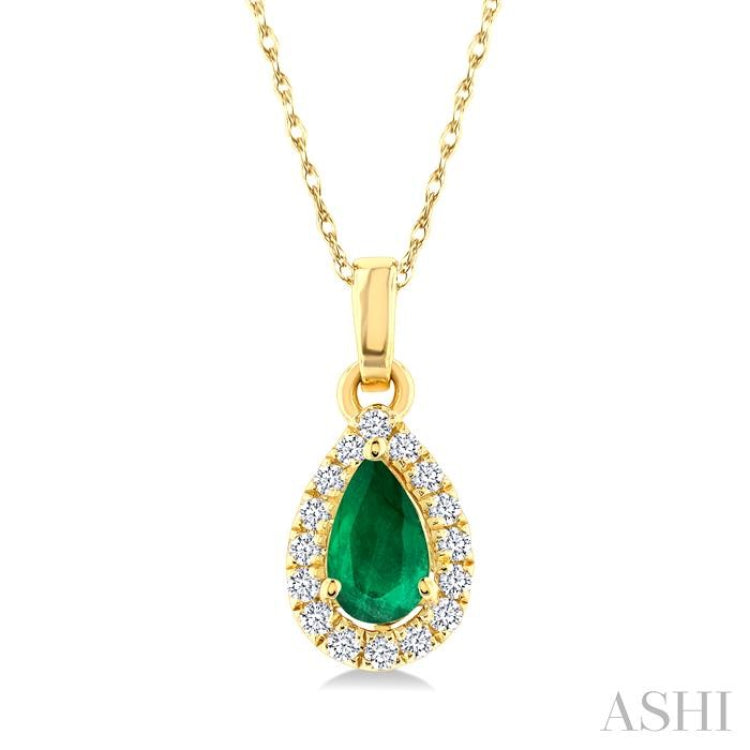 5x3 MM Pear Shape Emerald and 1/20 Ctw Round Cut Diamond Halo Precious Pendant with Chain in 14K Yellow Gold