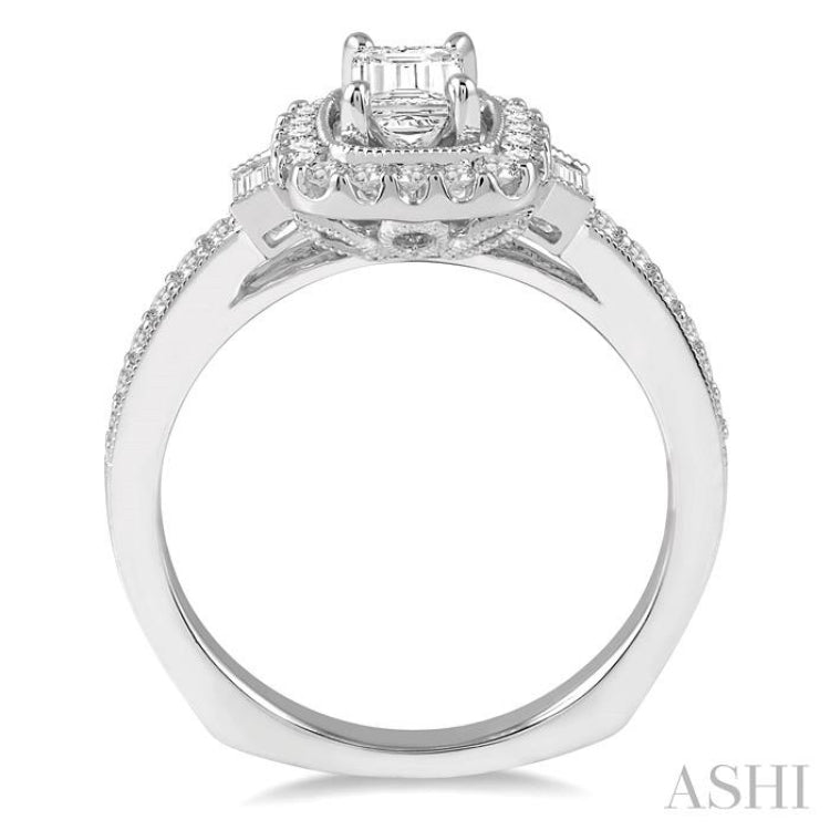 7/8 Ctw Diamond Engagement Ring with 1/2 Ct Octagon Cut Center Diamond in 14K White Gold