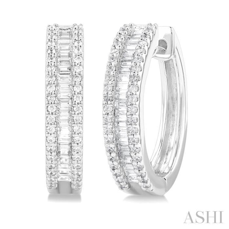 1/2 Ctw Baguette and Round Cut Diamond Fashion Hoop Earring in 14K White Gold