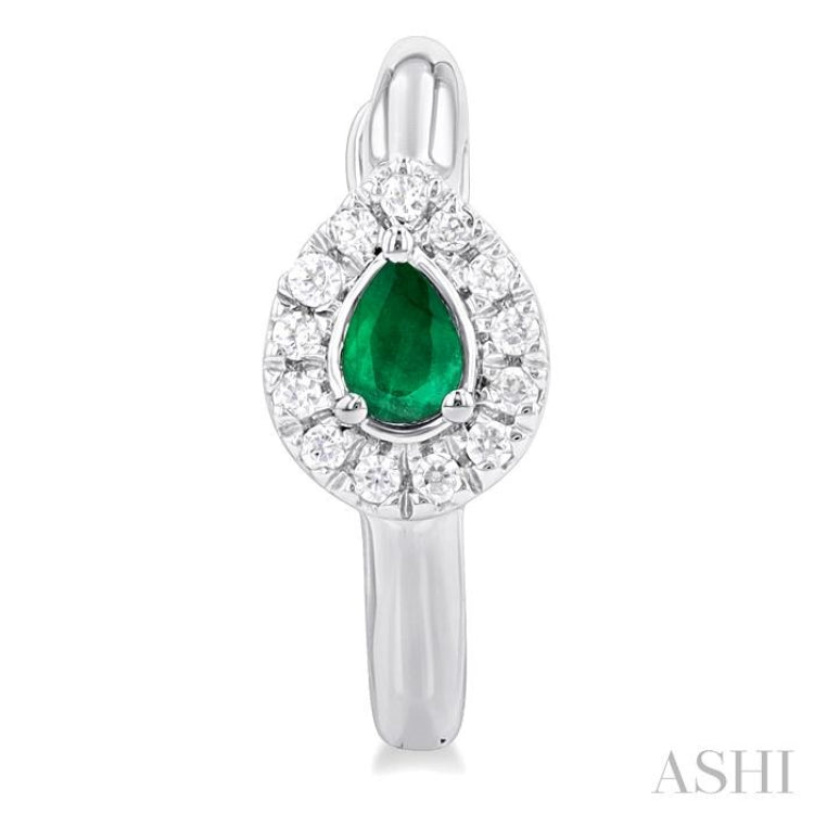 4X3 MM Pear Cut Emerald and 1/10 Ctw Petite Round Cut Halo Diamond Fashion Huggies in 10K White Gold