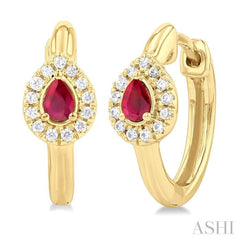 4X3 MM Pear Cut Ruby and 1/10 Ctw Petite Round Cut Halo Diamond Fashion Huggies in 10K Yellow Gold