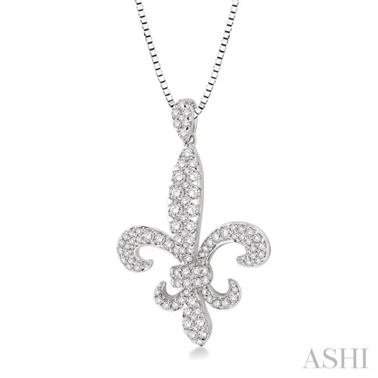 7/8 Ctw Round Cut Diamond Fleur De Lis Pendant in 14K White Gold with Chain
