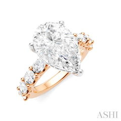 1 1/3 Ctw Pear Shape Oval and Round Cut Diamond Semi-Mount Engagement Ring in 14K Rose and White Gold