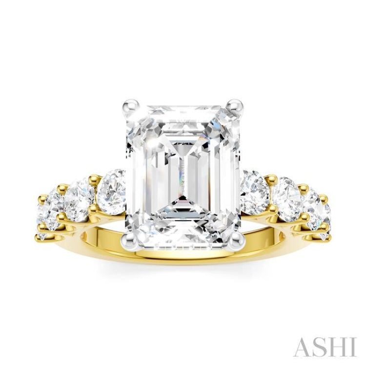 1 1/3 Ctw Emerald Shape Round Cut Diamond Semi-Mount Engagement Ring in 14K Yellow and White Gold