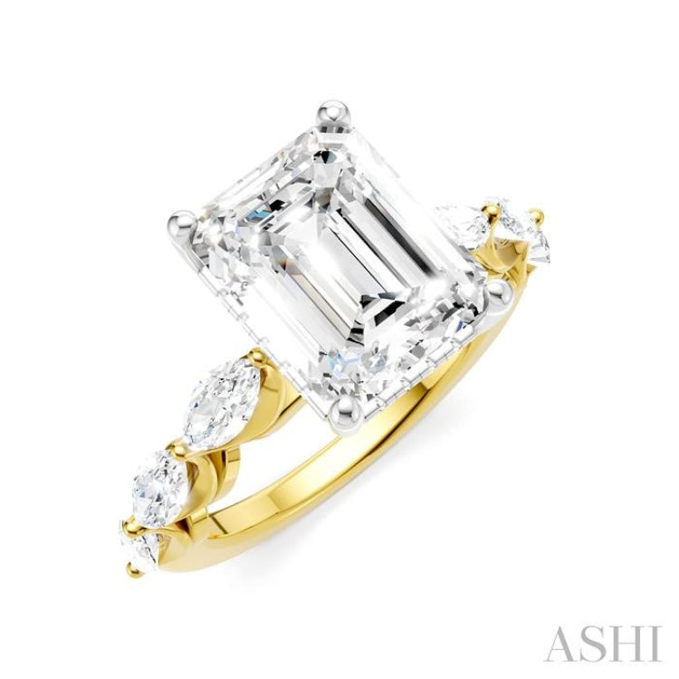 1 Ctw Emerald Shape Marquise and Round Cut Diamond Semi-Mount Engagement Ring in 14K Yellow and White Gold