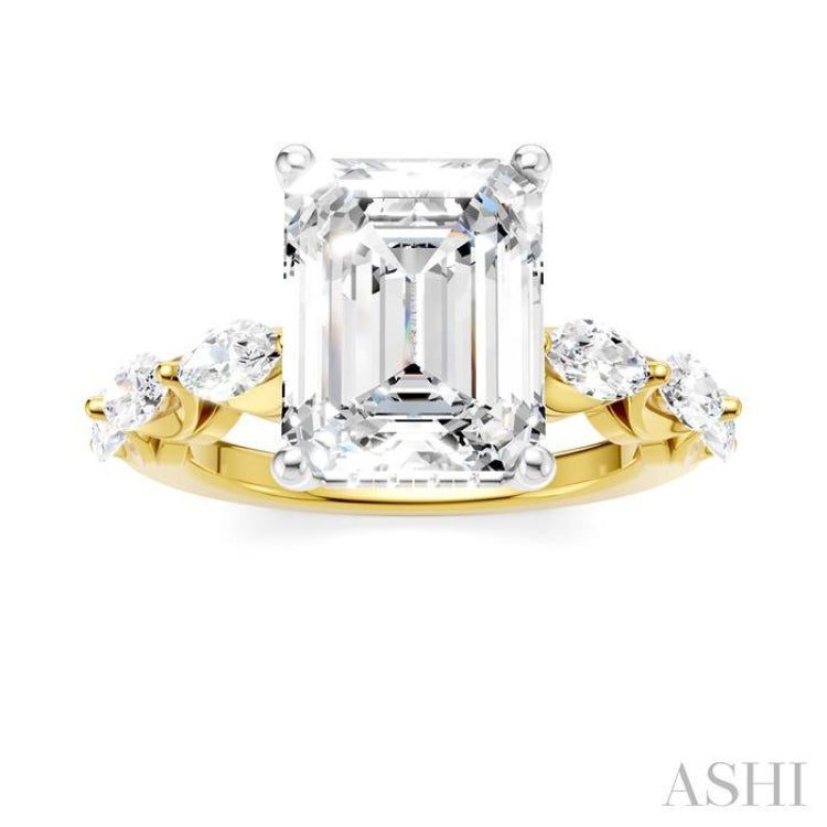 1 Ctw Emerald Shape Marquise and Round Cut Diamond Semi-Mount Engagement Ring in 14K Yellow and White Gold