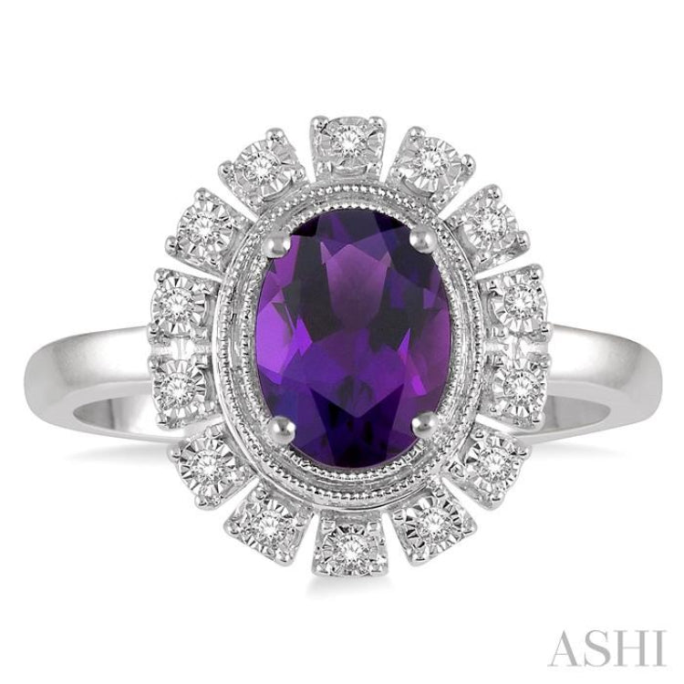 8x6 MM Oval Shape Amethyst and 1/10 Ctw Lattice Round Cut Diamond Semi-Precious Ring in 10K White Gold