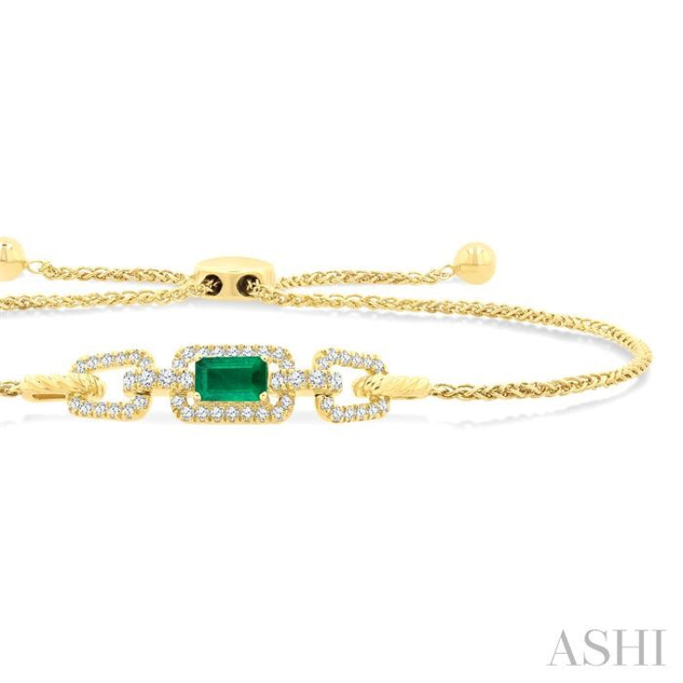 1/4 Ctw 5X3MM Octagon Shape Emerald and Round Cut Diamond Precious Rectangular Open Link Lariat Bracelet in 14K Yellow Gold