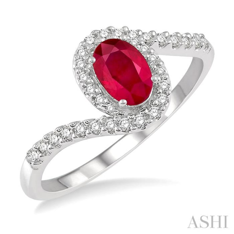6x4 MM Embraced Oval Shape Ruby and 1/5 Ctw Round Cut Diamond Precious Ring in 10K White Gold