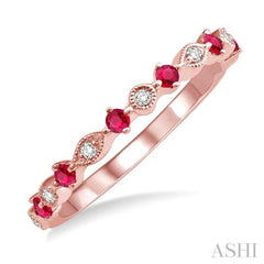 1.8 MM Round Cut Ruby and 1/20 Ctw Round Cut Diamond Precious Half Eternity Wedding Band in 14K Rose Gold